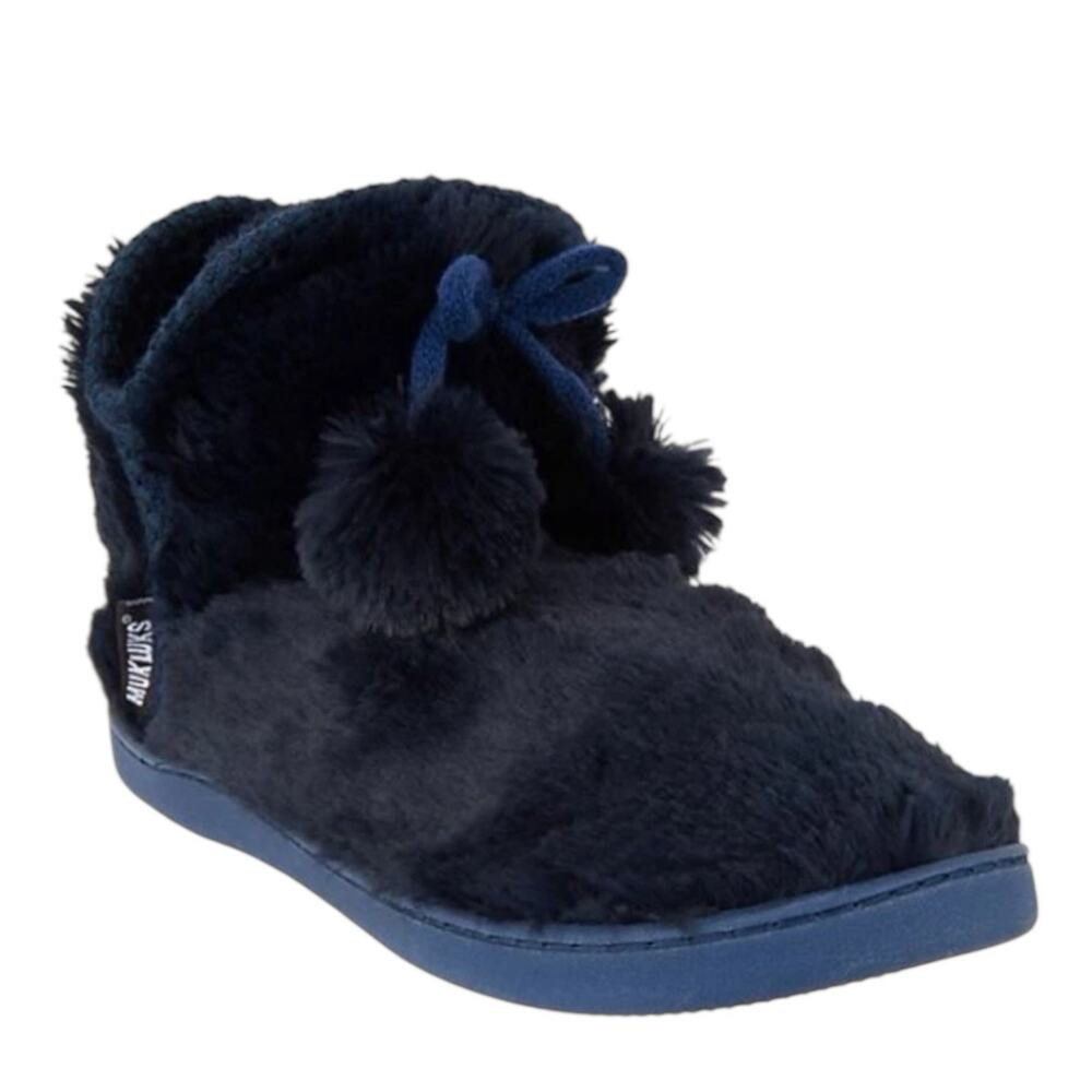 NWOB MUK LUKS Faux Fur Amira Slipper Boots Navy Blue Pom Pom Women’s 5-6 Small